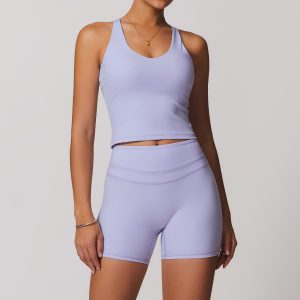 Women's Light Purple Yoga Set, High Waist Biker Shorts + Sports Bra, Seamless 2 Piece Workout Outfit, Buttery Soft Gym Activewear