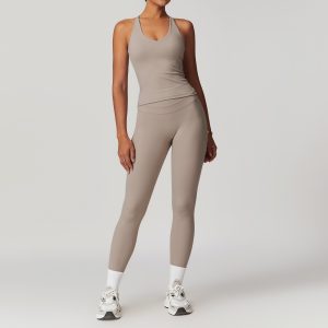 Women's Light Grey Yoga Leggings Set, Seamless 2 Piece Workout Outfit, Buttery Soft Sports Bra + High Waist Leggings, Gym Activewear