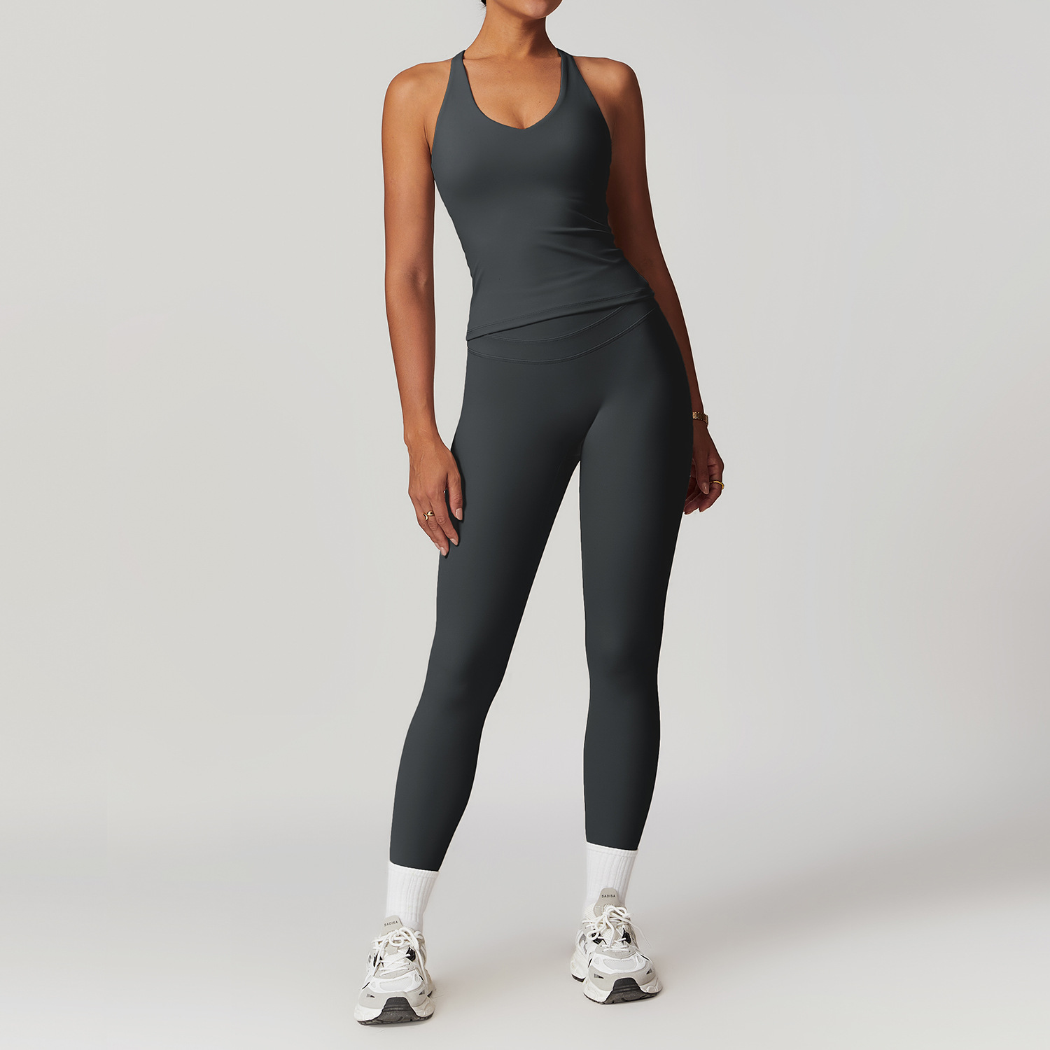 Women's Dark Grey Yoga Leggings Set, Seamless High Waist Workout Outfit, Buttery Soft Sports Bra + Full Length Leggings, Gym Running Activewear